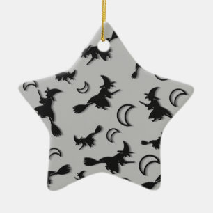 Flying witch among half moon at Halloween night 3D Ceramic Ornament