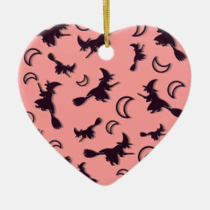 Flying witch among half moon at Halloween night 3D Ceramic Ornament