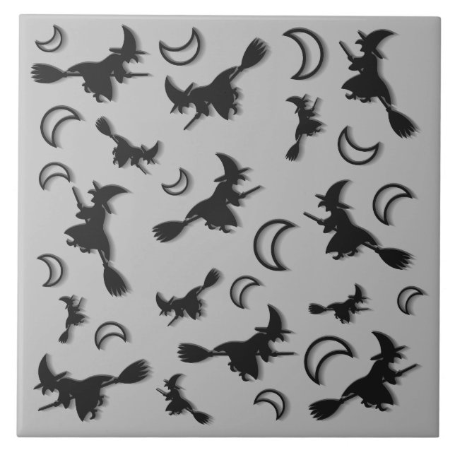 Flying witch among half moon at Halloween night 3D Ceramic Tile (Front)