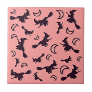 Flying witch among half moon at Halloween night 3D Ceramic Tile