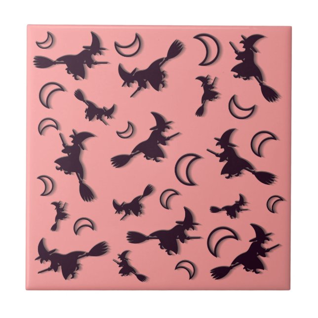 Flying witch among half moon at Halloween night 3D Ceramic Tile (Front)
