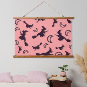 Flying witch among half moon at Halloween night 3D Hanging Tapestry