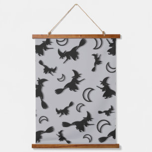Flying witch among half moon at Halloween night 3D Hanging Tapestry