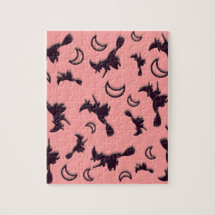 Flying witch among half moon at Halloween night 3D Jigsaw Puzzle