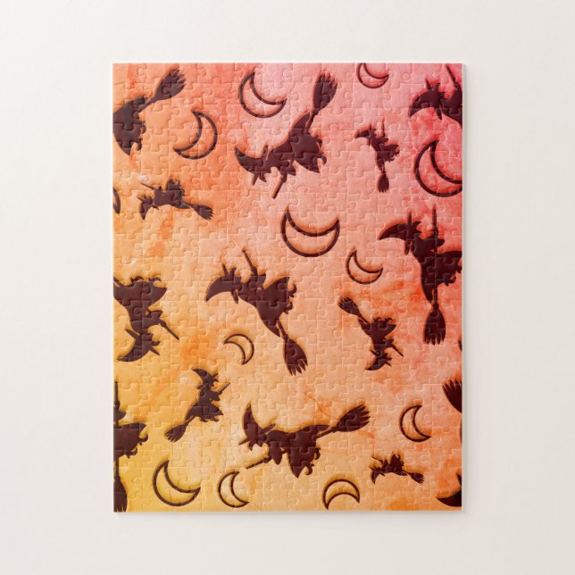 Flying witch among half moon at Halloween night 3D Jigsaw Puzzle (Vertical)