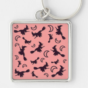 Flying witch among half moon at Halloween night 3D Key Ring