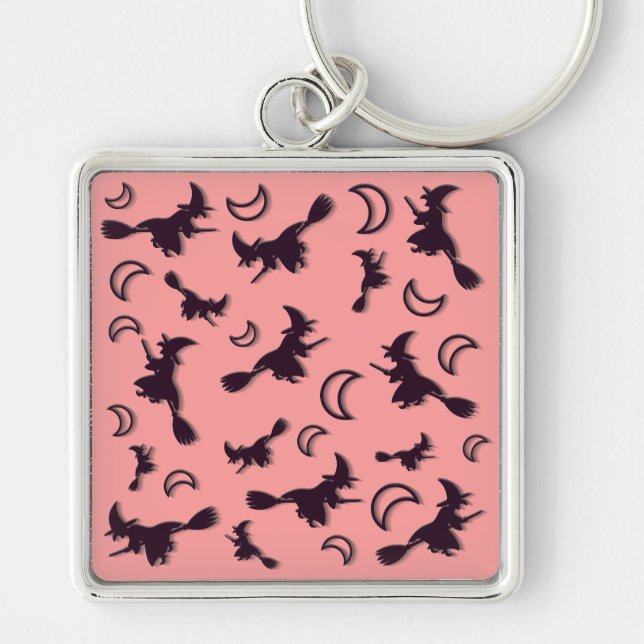 Flying witch among half moon at Halloween night 3D Key Ring (Front)