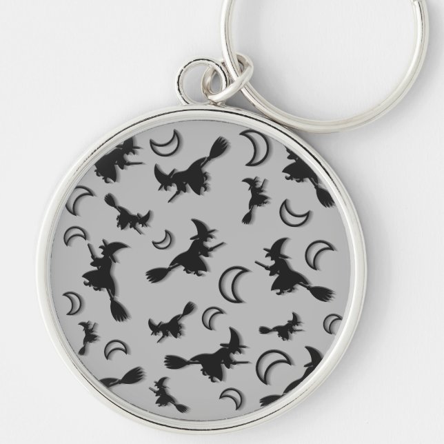 Flying witch among half moon at Halloween night 3D Key Ring (Front)