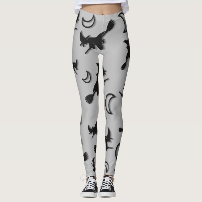 Flying witch among half moon at Halloween night 3D Leggings (Front)