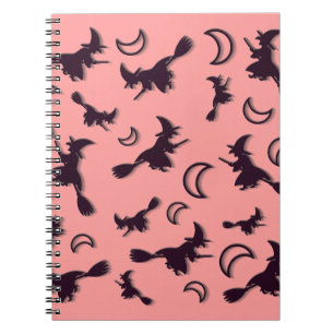 Flying witch among half moon at Halloween night 3D Notebook