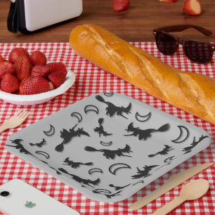 Flying witch among half moon at Halloween night 3D Paper Plate