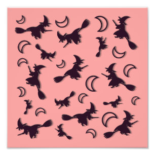 Flying witch among half moon at Halloween night 3D Photo Print