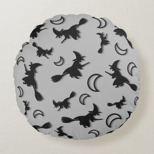 Flying witch among half moon at Halloween night 3D Round Cushion (Front)