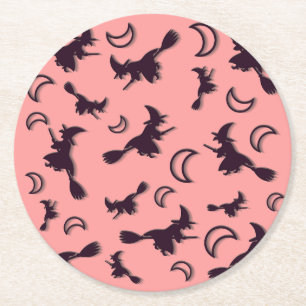 Flying witch among half moon at Halloween night 3D Round Paper Coaster