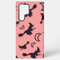 Flying witch among half moon at Halloween night 3D