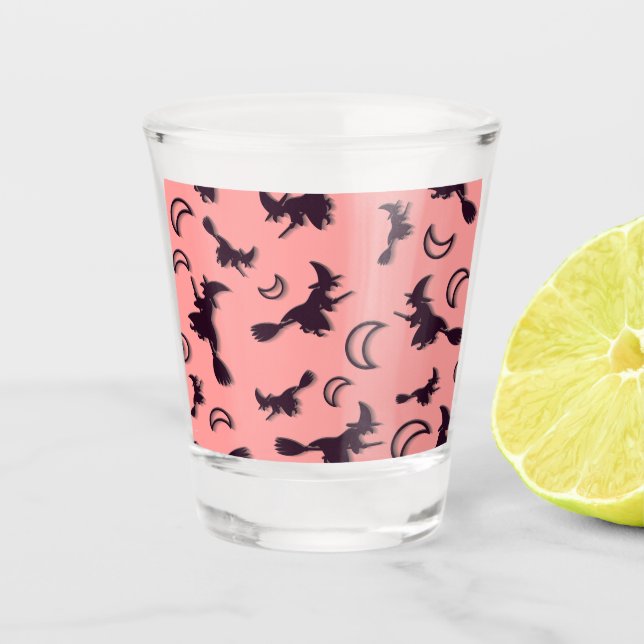 Flying witch among half moon at Halloween night 3D Shot Glass (Front)