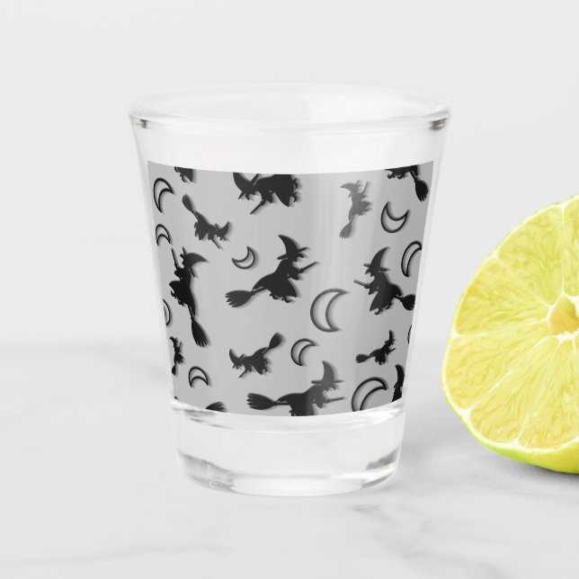 Flying witch among half moon at Halloween night 3D Shot Glass (Front)