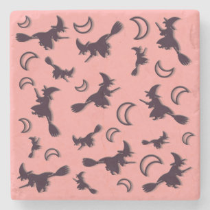 Flying witch among half moon at Halloween night 3D Stone Coaster