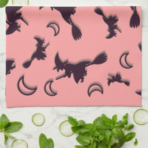 Flying witch among half moon at Halloween night 3D Tea Towel