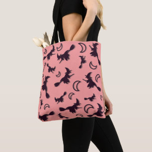 Flying witch among half moon at Halloween night 3D Tote Bag