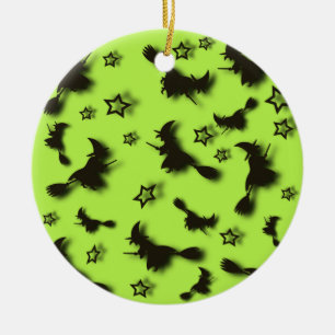 Flying witch among stars at Halloween night 3D Ceramic Ornament