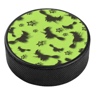 Flying witch among stars at Halloween night 3D Hockey Puck