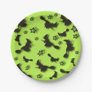 Flying witch among stars at Halloween night 3D Paper Plate