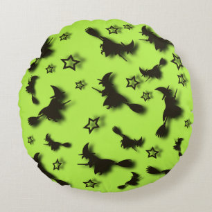 Flying witch among stars at Halloween night 3D  Round Cushion