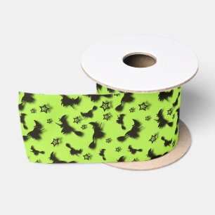 Flying witch among stars at Halloween night 3D  Satin Ribbon
