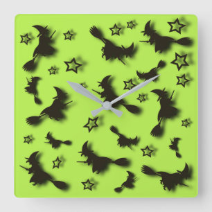 Flying witch among stars at Halloween night 3D Square Wall Clock