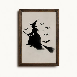 Flying Witch Bats Broomstick Halloween Poster