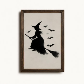 Flying Witch Bats Broomstick Halloween Poster