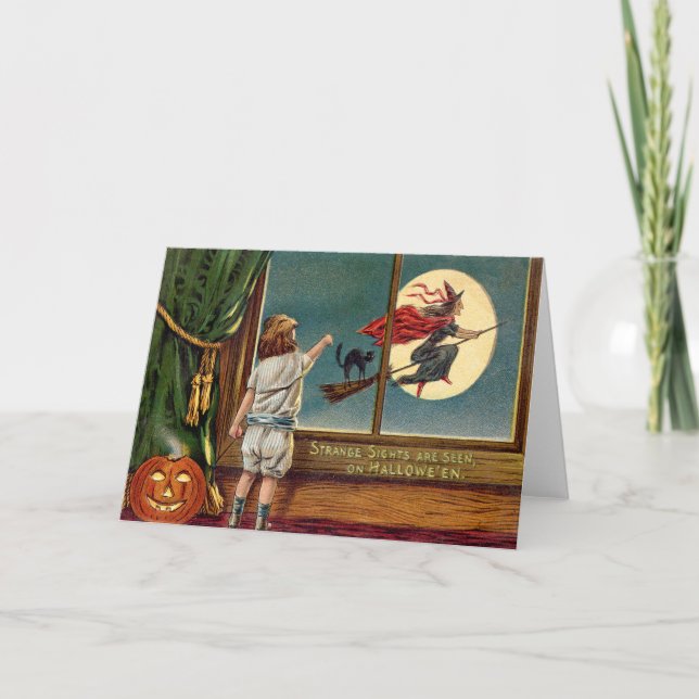 Flying Witch Black Cat Ful Moon Pumpkin Card (Front)