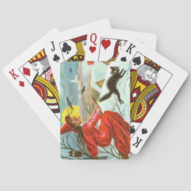 Flying Witch Black Cat Owl Bat Snow Playing Cards (Back)
