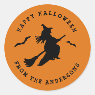  Flying witch Black & Orange Halloween  Classic Round Sticker