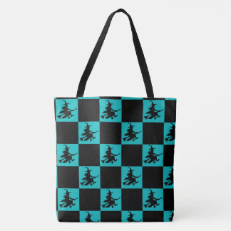 Flying Witch Black & Teal Chequered Tote Bag