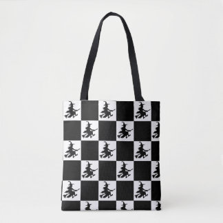 Flying Witch Black & White Chequered Tote Bag