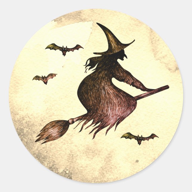 Flying Witch Broom Full Moon Bats Classic Round Sticker (Front)