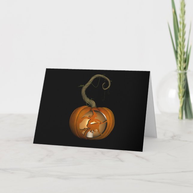 Flying Witch Carved Pumpkin Halloween Card (Front)