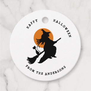 Flying witch & Cat Black & White Halloween Favour Tags