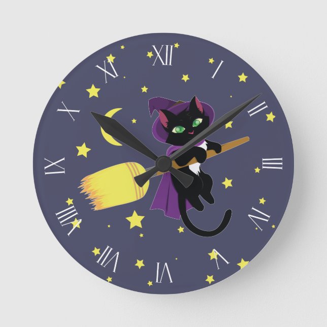Flying Witch Cat Roman Numerals Round Clock (Front)