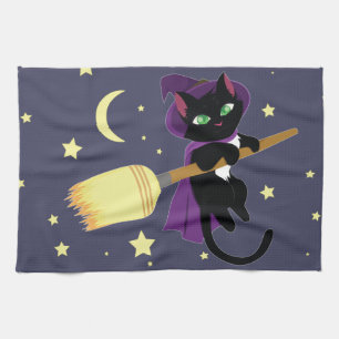 Flying Witch Cat Tea Towel