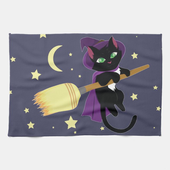 Flying Witch Cat Tea Towel (Horizontal)