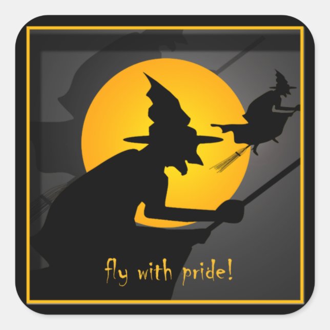 Flying Witch Fly With Pride Funny Halloween Square Sticker (Front)