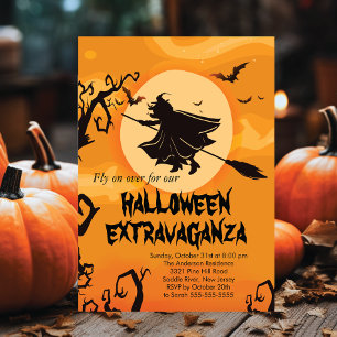 Flying Witch Halloween Costume Party Invitations