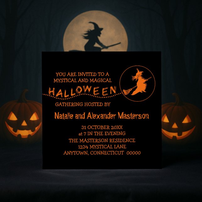 Flying Witch Halloween Invite, Black & Orange Invitation (Black and Orange Flying Witch Halloween Party Invite)
