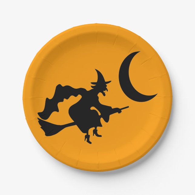 Flying Witch Halloween Silhouette Paper Plate (Front)