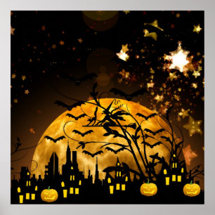 Flying Witch Harvest Moon Bats Halloween Gifts Poster