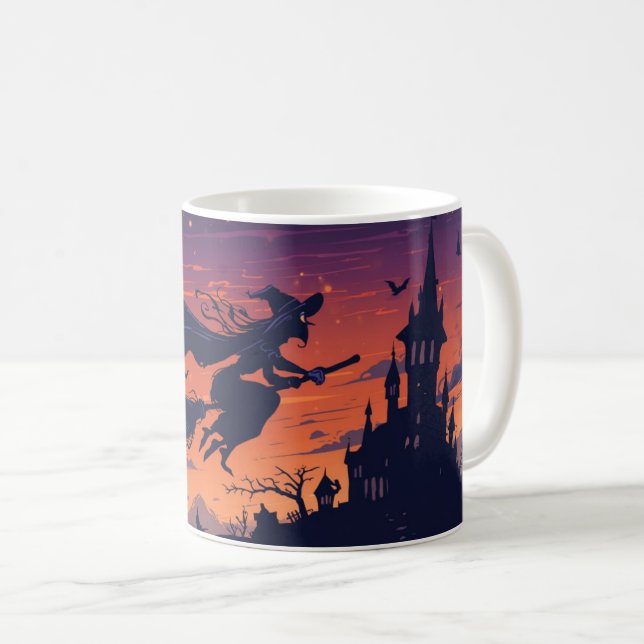 Flying Witch Mug | Classic Halloween Coffee Cup (Front Right)