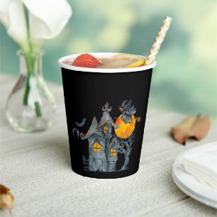 Flying witch on a broom & Haunted House Halloween Paper Cups